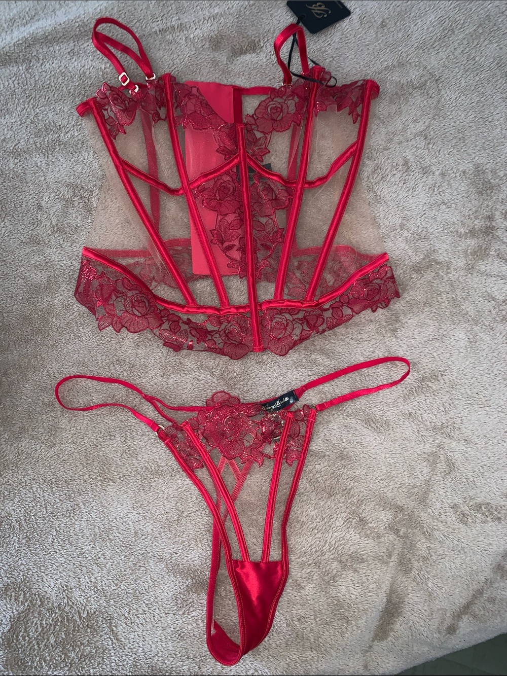 Honey Birdette “Rosaline” Red Floral Lace Bustier Corset Set